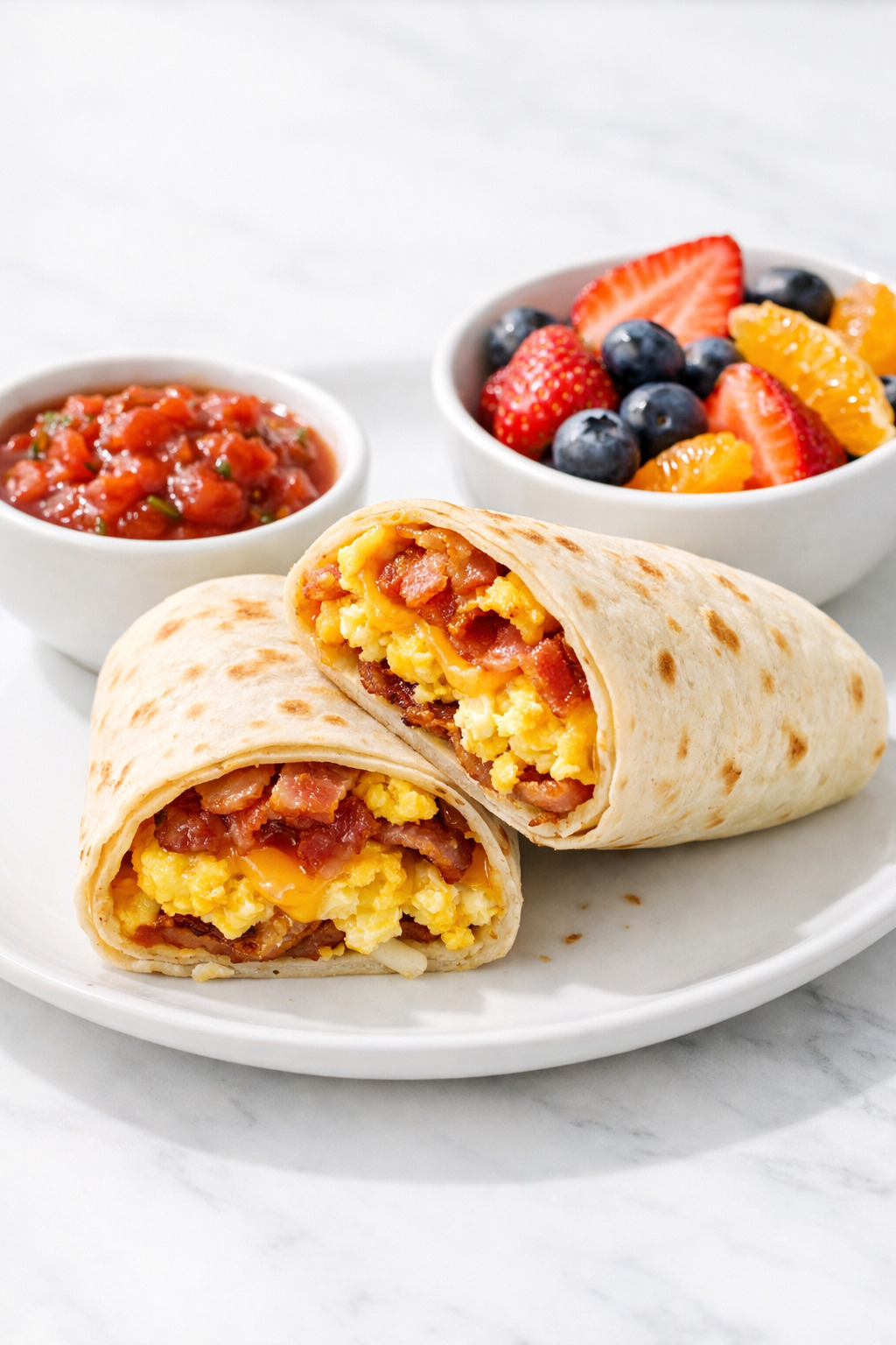 Breakfast wrap served with salsa and fresh fruit on a white plate