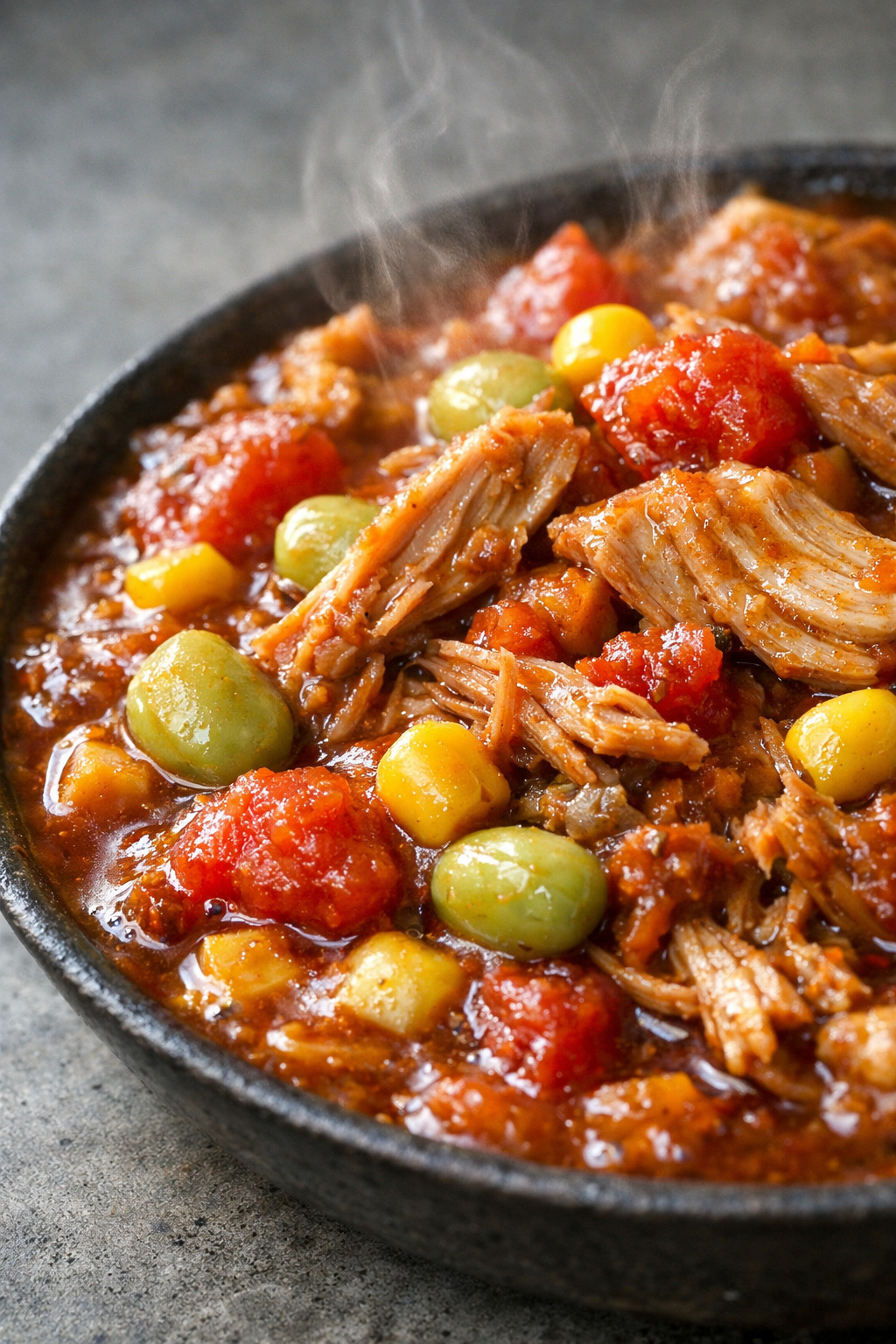 Closeup of chunky Brunswick stew with corn lima beans and shredded meat
