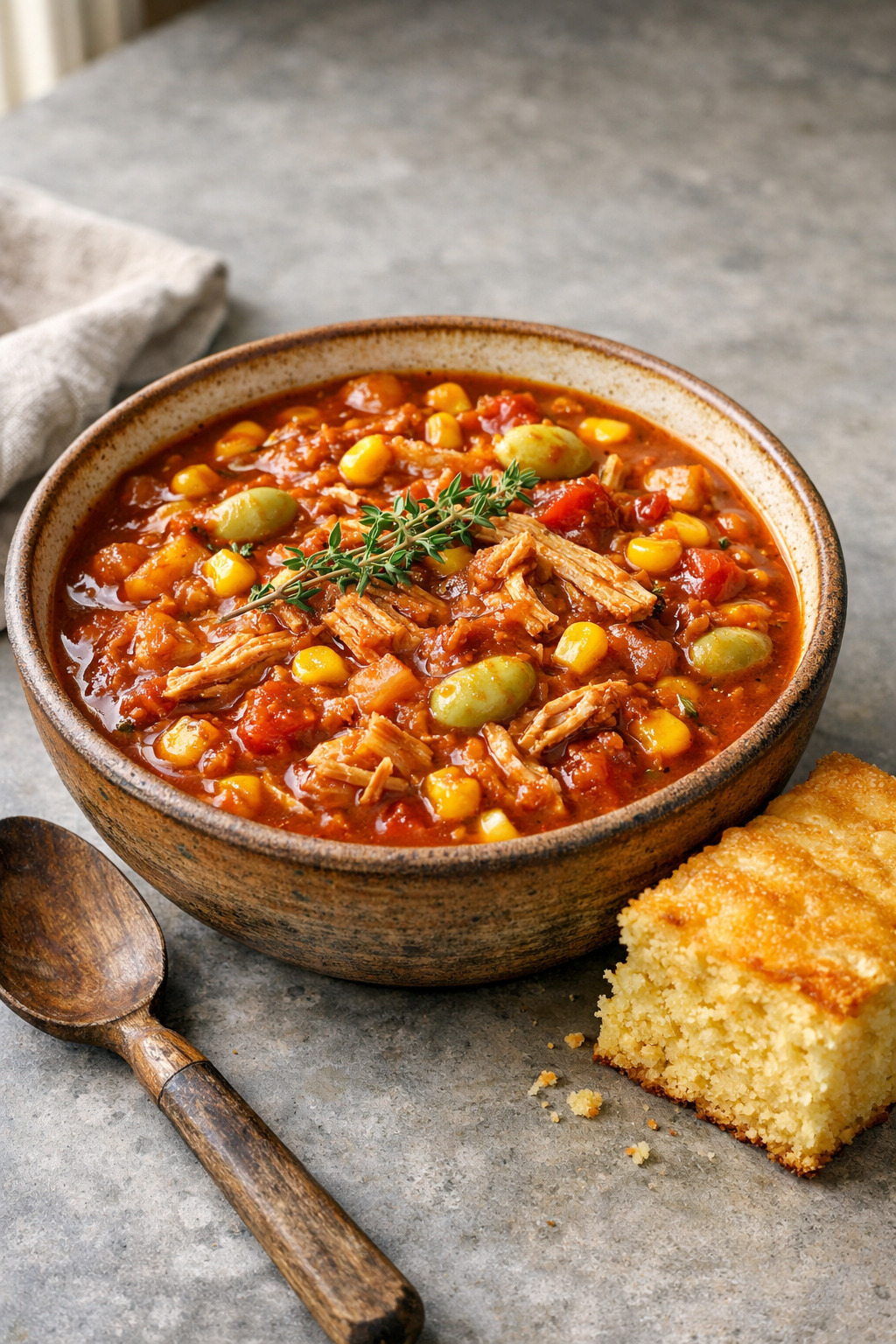 Brunswick stew in rustic ceramic bowl on brushed concrete surface