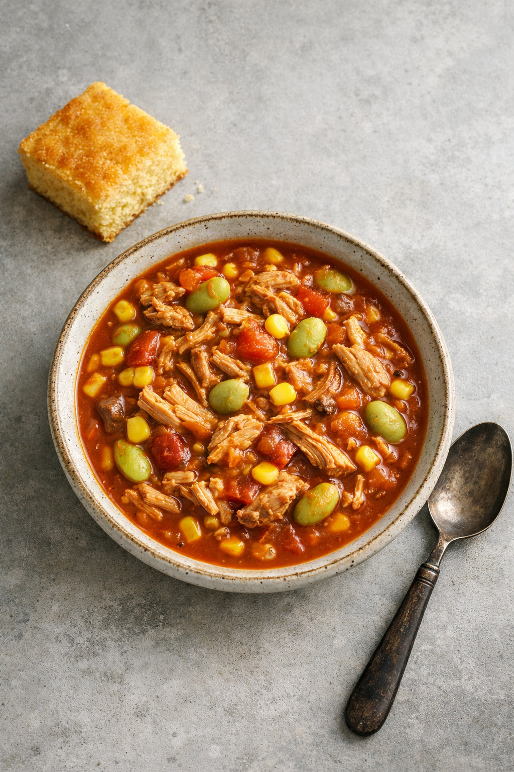 Overhead view of Brunswick stew bowl with cornbread on brushed concrete