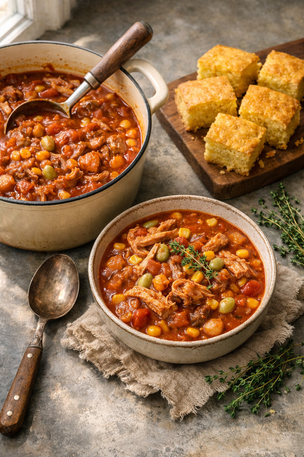 Brunswick stew in Dutch oven with cornbread for a full table setting