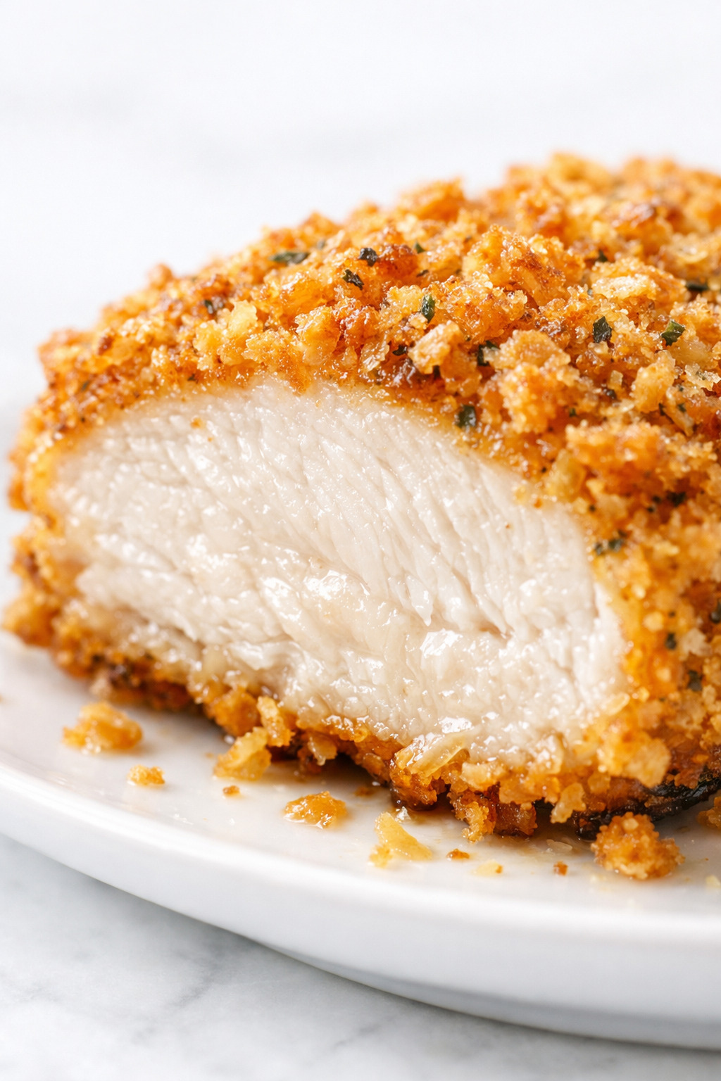 Closeup of buttermilk baked chicken sliced open showing juicy tender meat inside crispy crust