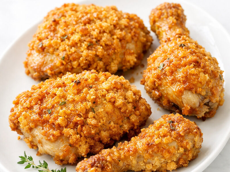 Buttermilk baked chicken with crispy cornflake parmesan coating on white platter