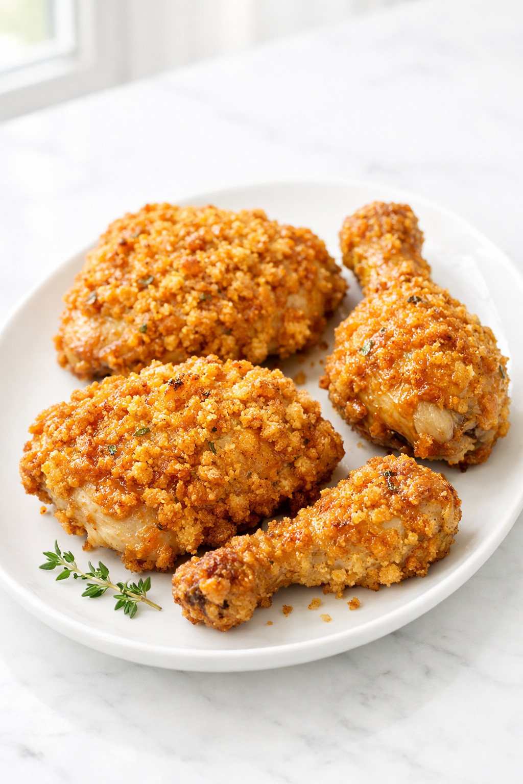 Buttermilk baked chicken with crispy cornflake parmesan coating on white platter