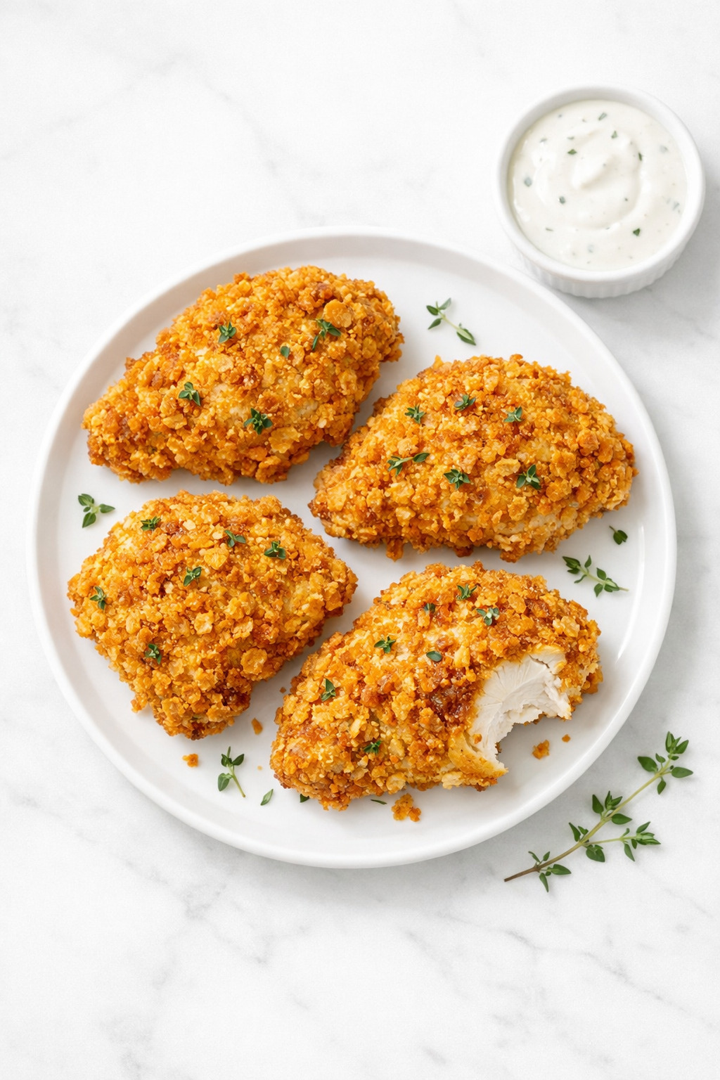 Overhead view of buttermilk baked chicken pieces on white plate with ranch dipping sauce