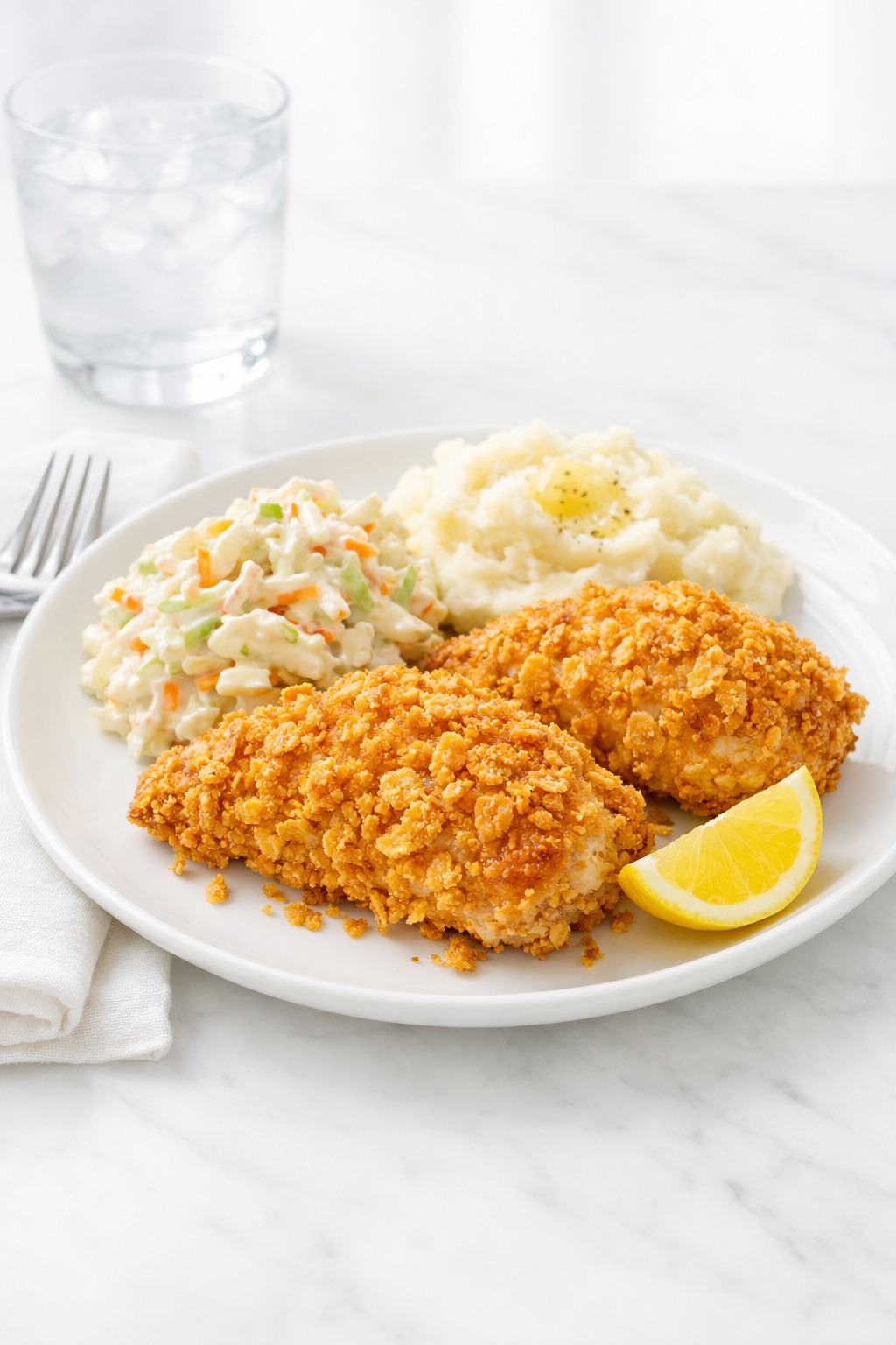Buttermilk baked chicken dinner plate with coleslaw mashed potatoes and lemon wedge