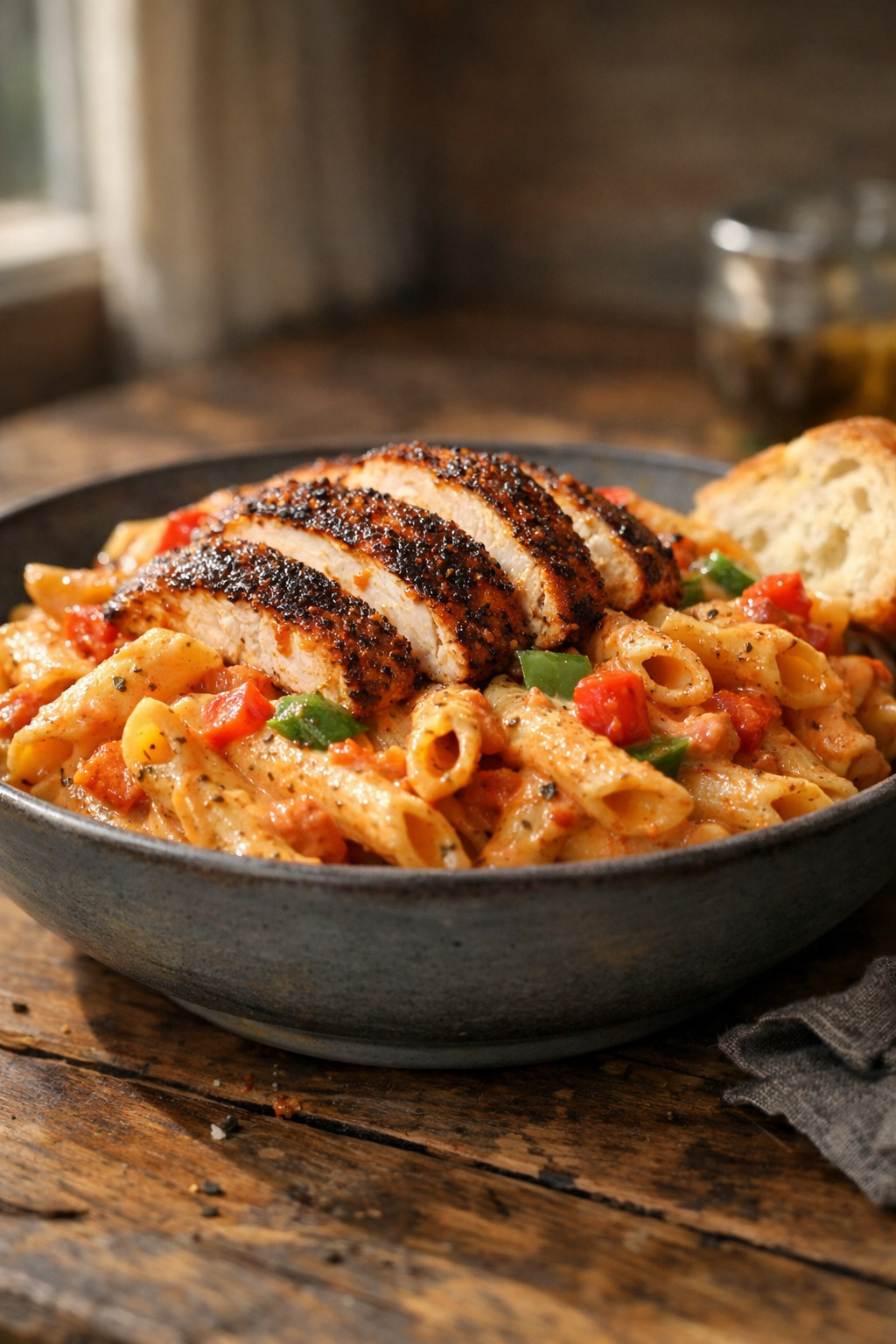 Overhead view of creamy cajun chicken pasta in a white bowl