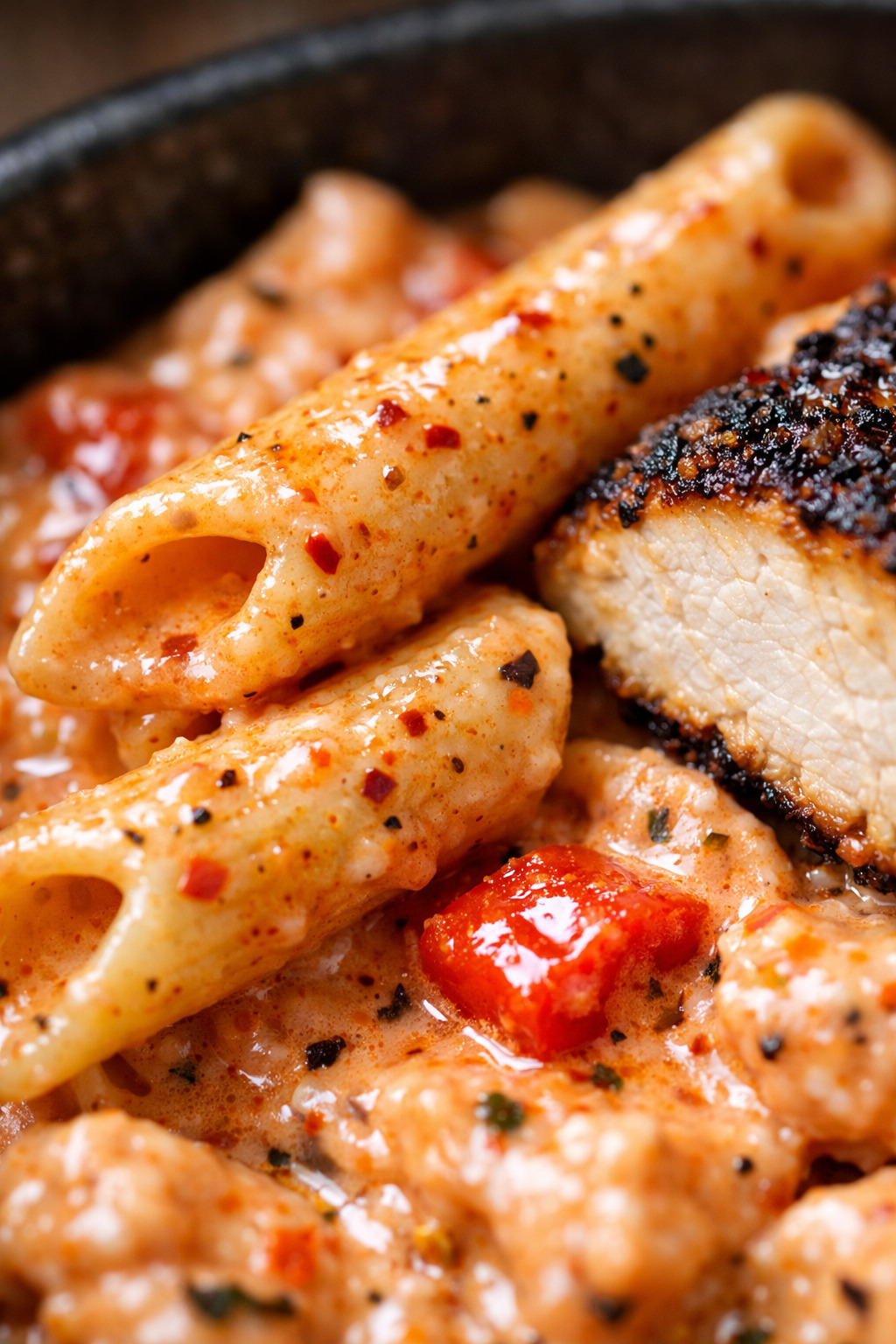 Close-up of cajun chicken pasta showing creamy sauce coating the penne