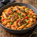 Creamy cajun chicken pasta with penne, sliced chicken, and bell peppers in a skillet