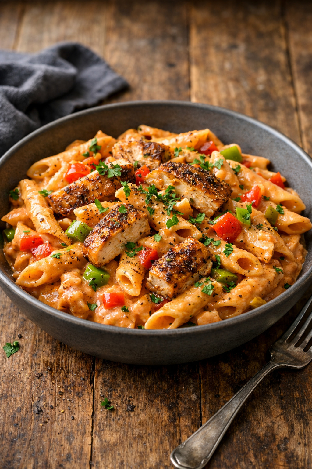 Creamy cajun chicken pasta with penne, sliced chicken, and bell peppers in a skillet