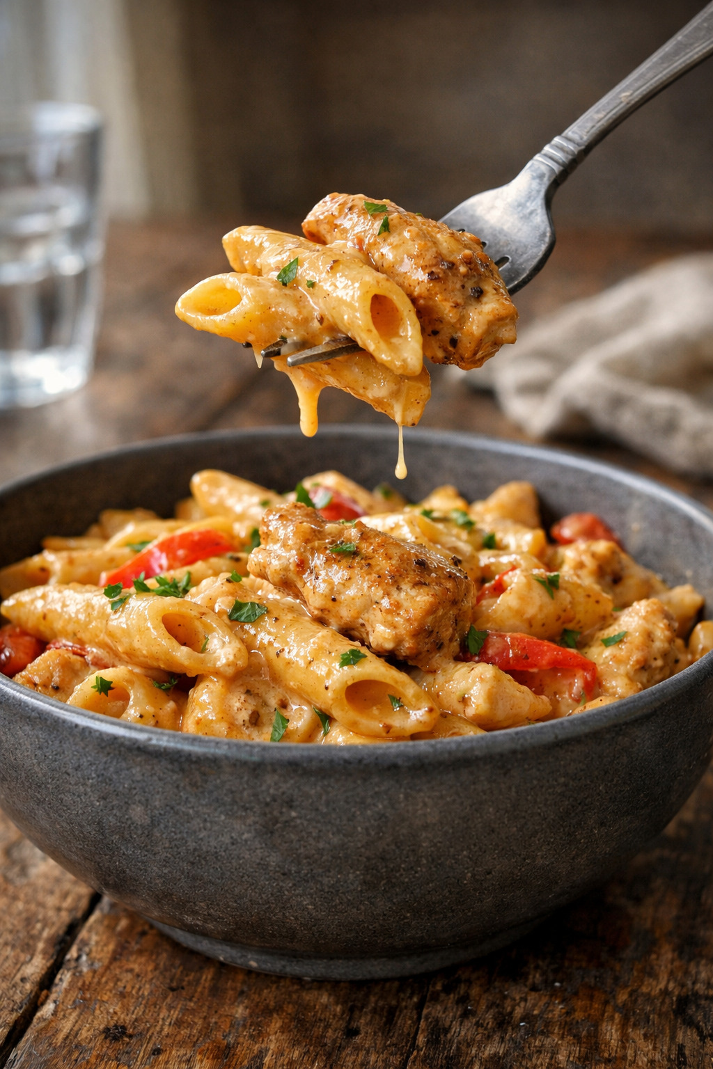 Plated serving of creamy cajun chicken pasta with garlic bread
