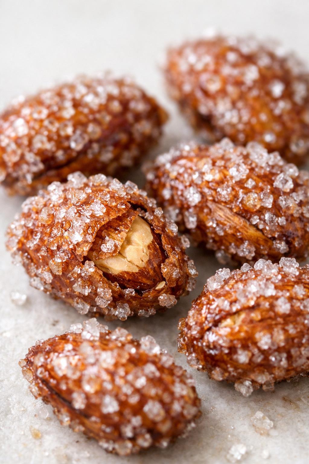 Closeup of individual candied almonds showing sugar coating
