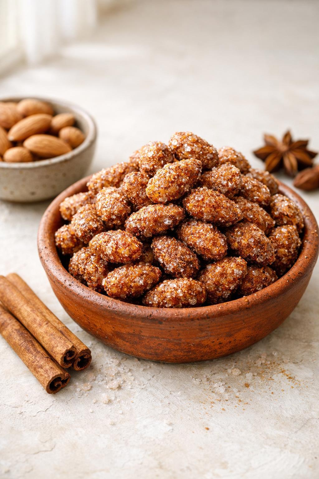 Candied almonds in terracotta bowl with crystallized sugar coating