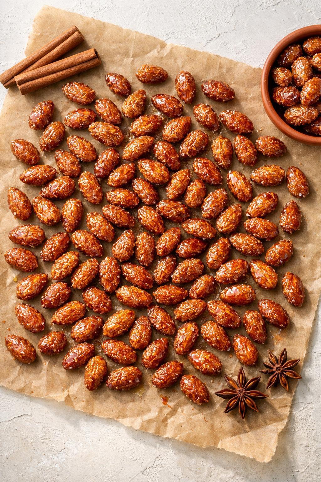 Overhead view of candied almonds spread on parchment paper