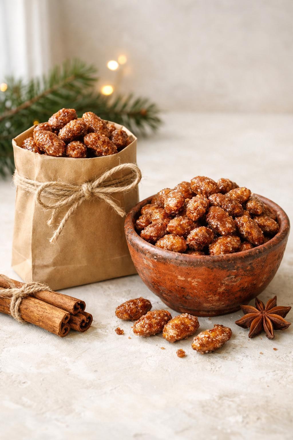 Candied almonds in gift bag and bowl for holiday gifting