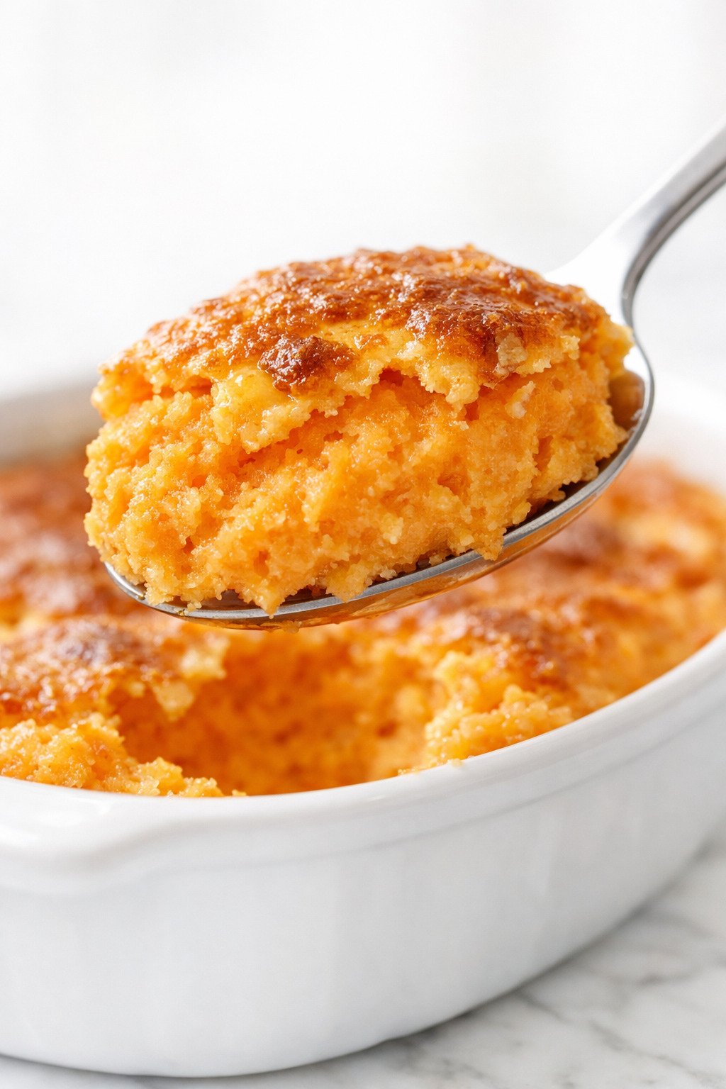Close up of a spoonful of carrot souffle showing smooth creamy orange texture