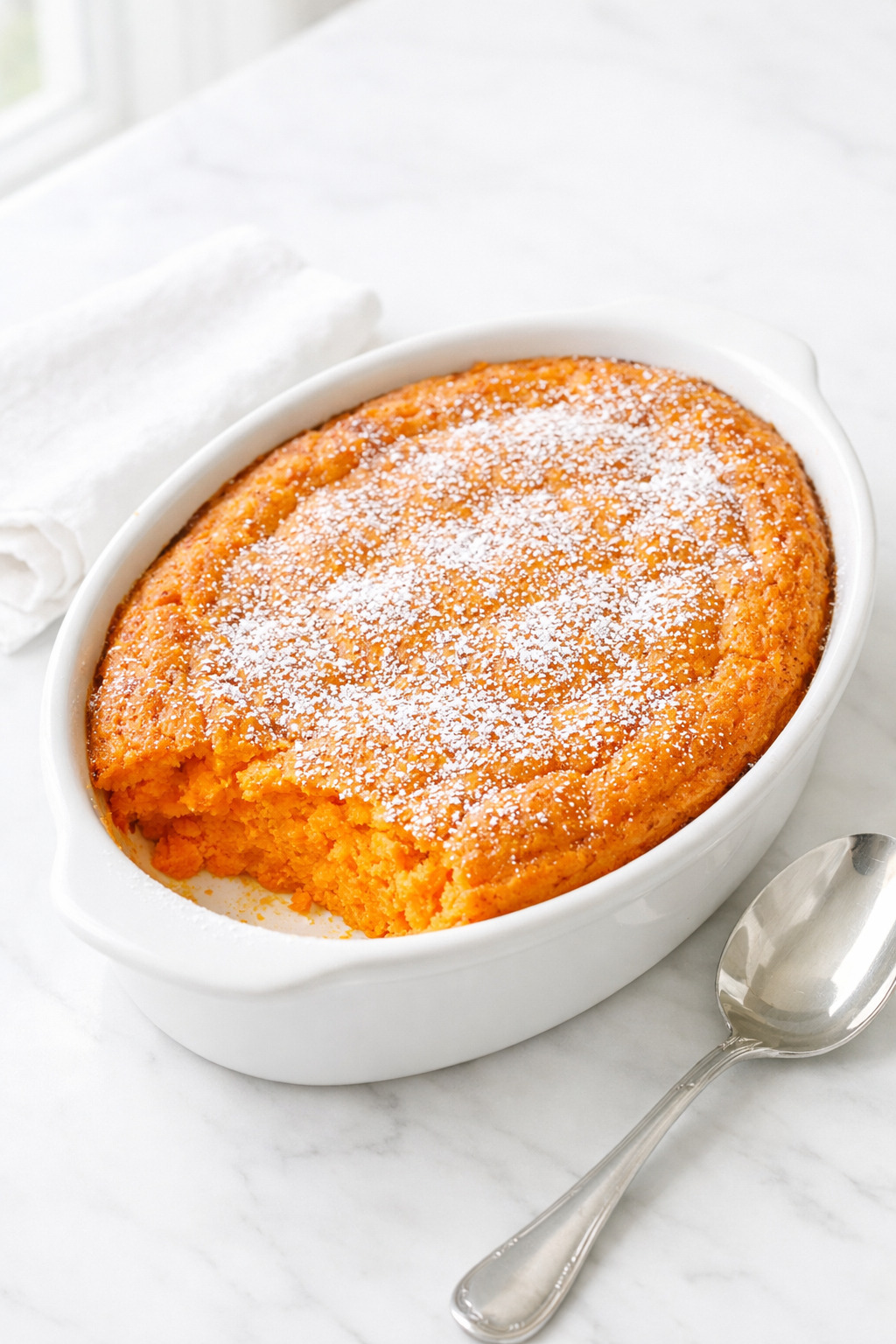Golden brown carrot souffle in a white baking dish with a puffed caramelized top