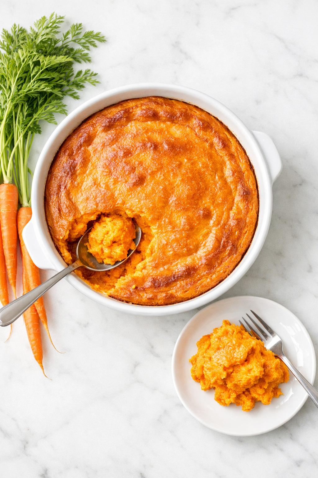 Overhead shot of carrot souffle with a portion scooped out showing creamy orange interior