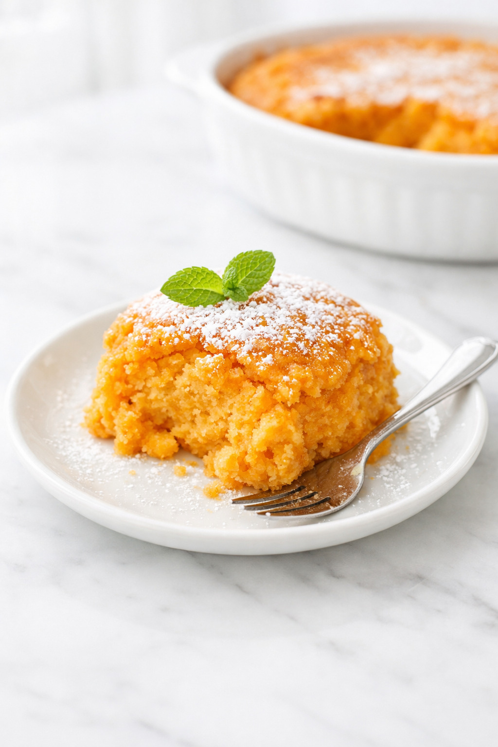Individual serving of carrot souffle on a white plate with powdered sugar dusting