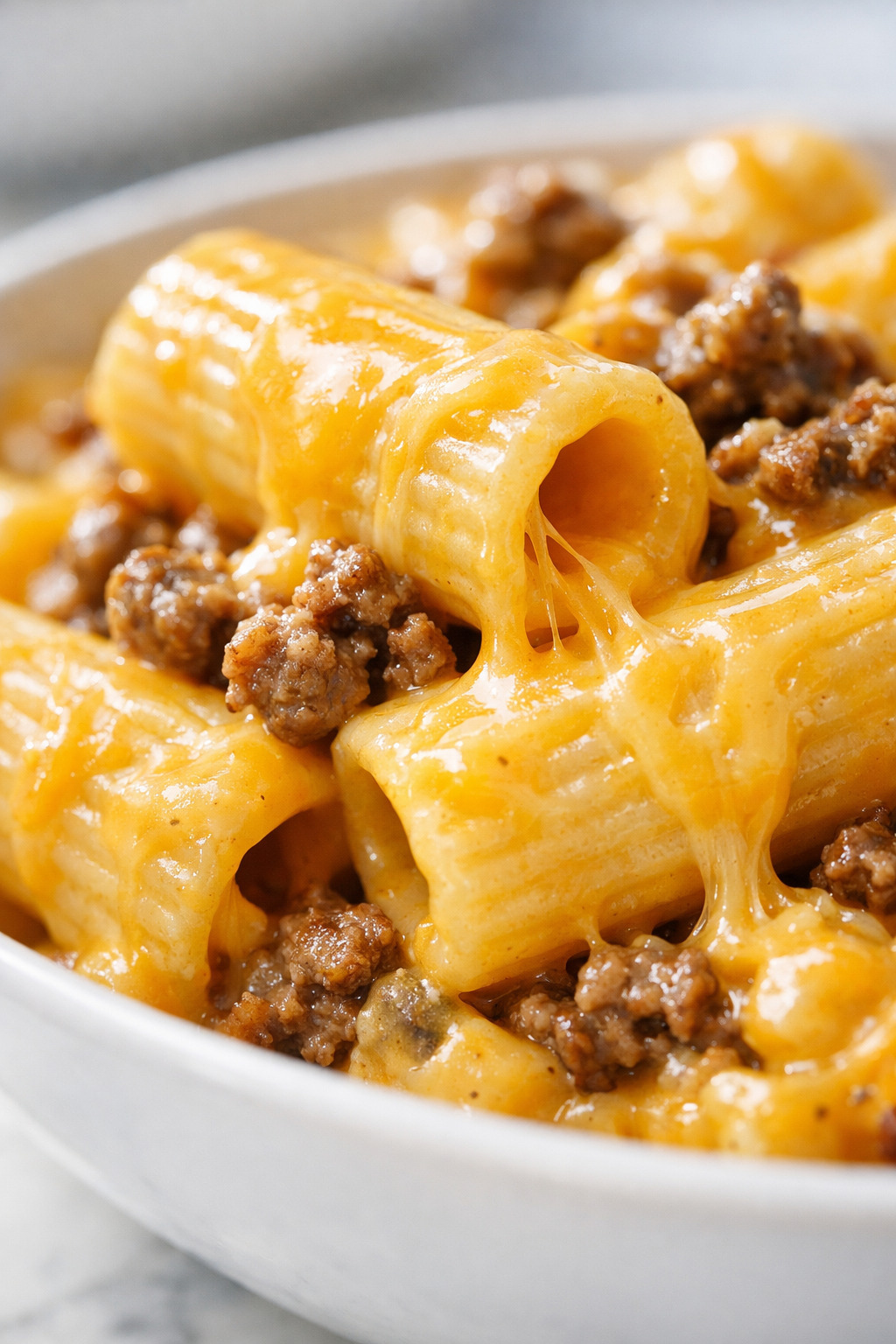 Close-up of creamy cheese sauce coating rigatoni pasta