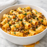 Cheeseburger pasta with rigatoni in creamy cheddar cheese sauce and ground beef