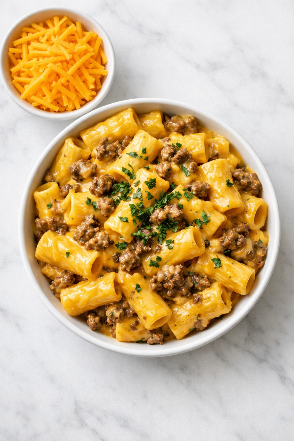 Overhead view of cheeseburger pasta in a white bowl