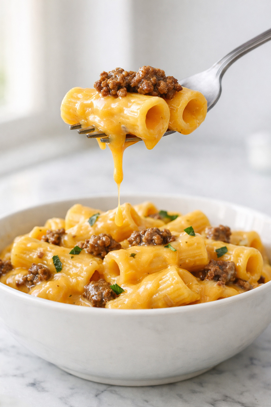 Fork lifting cheeseburger pasta with stretchy melted cheese