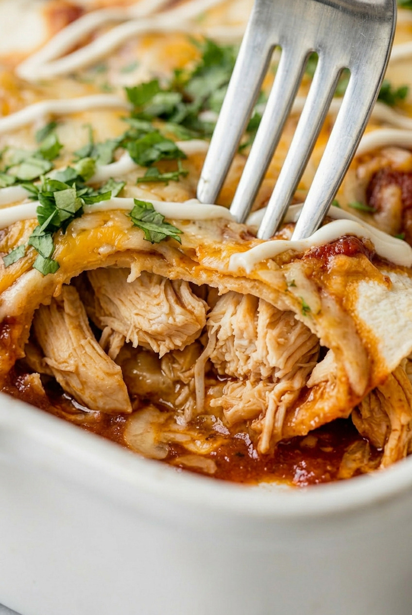 Closeup of chicken enchiladas cut open showing shredded chicken filling