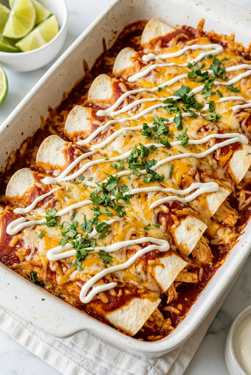 Easy chicken enchiladas in a baking dish with melted cheese and red sauce