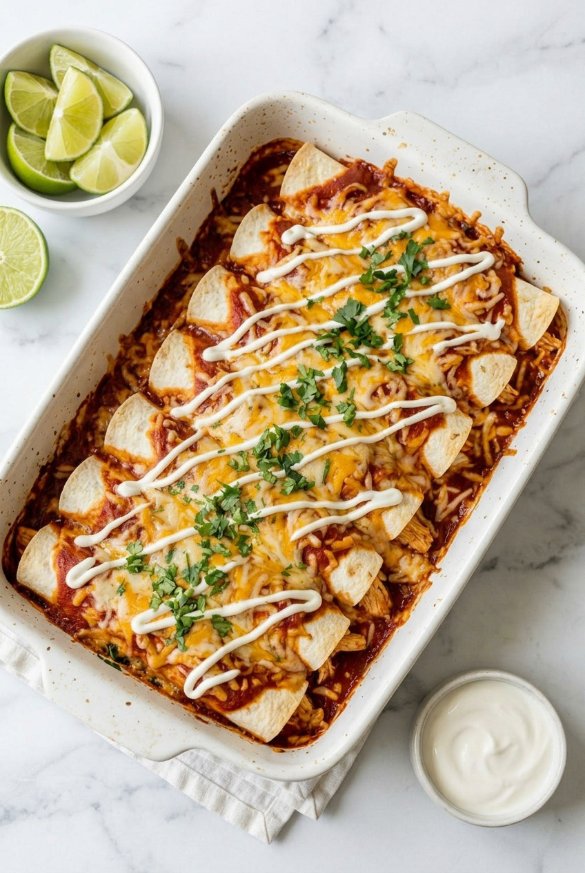 Overhead view of chicken enchiladas with sour cream and lime