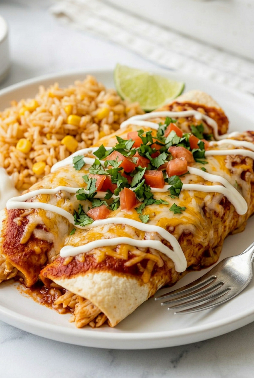 Plated chicken enchiladas with rice and beans