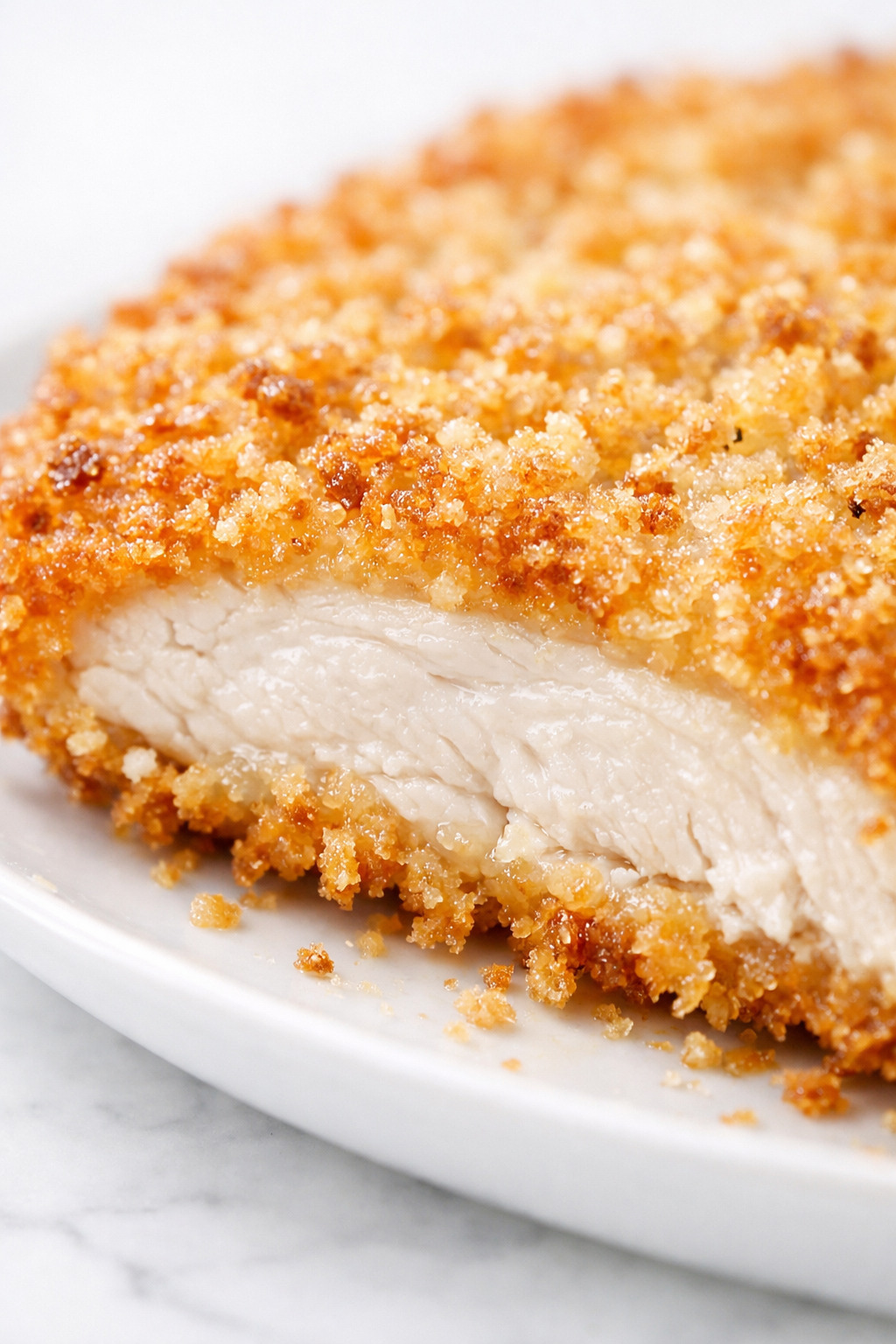 Closeup of sliced chicken Milanese showing crispy golden breadcrumb crust and tender juicy white meat inside