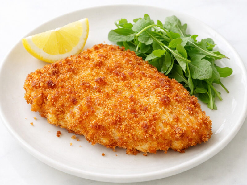 Golden brown crispy chicken Milanese cutlet on a white plate with lemon wedge and arugula