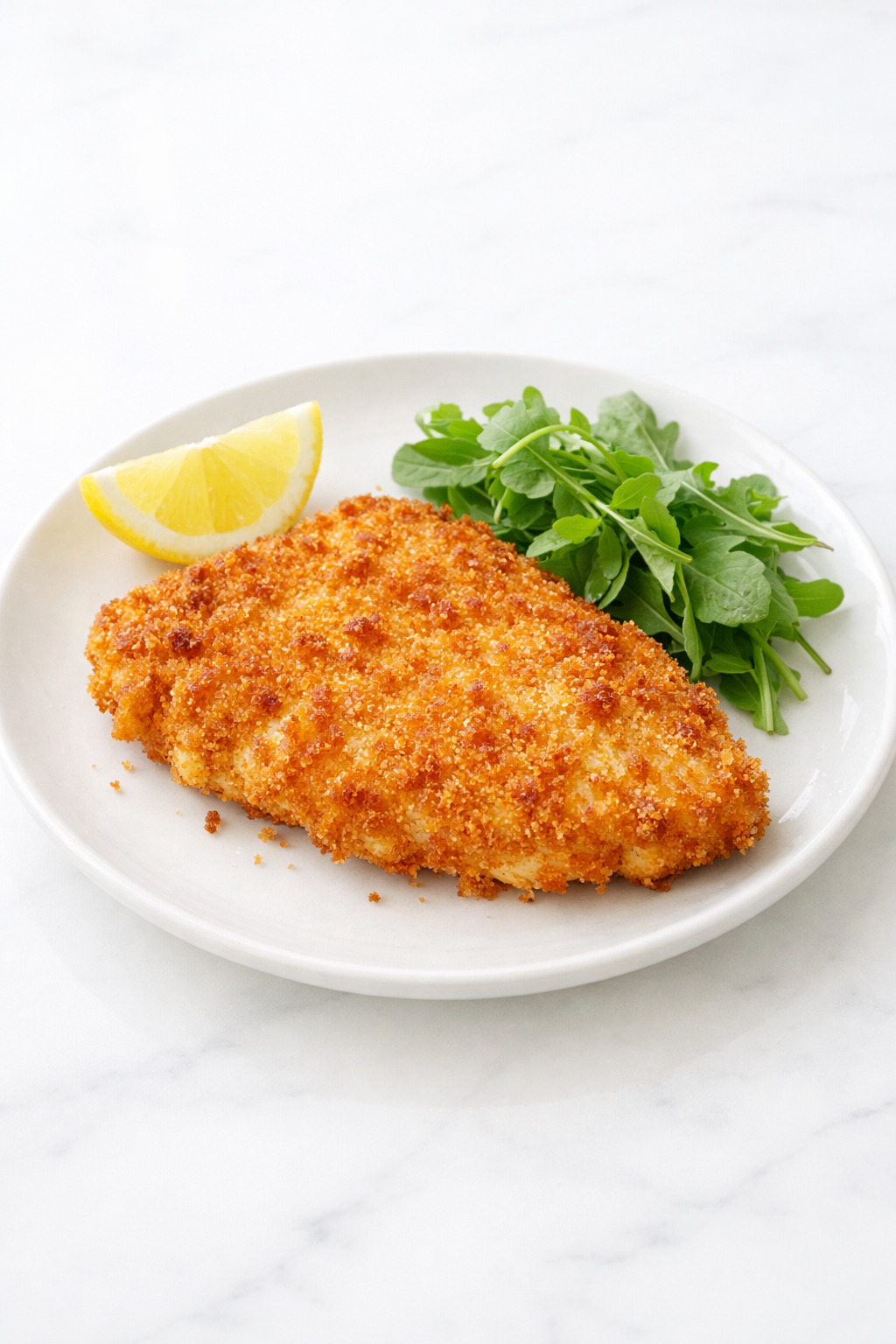 Golden brown crispy chicken Milanese cutlet on a white plate with lemon wedge and arugula