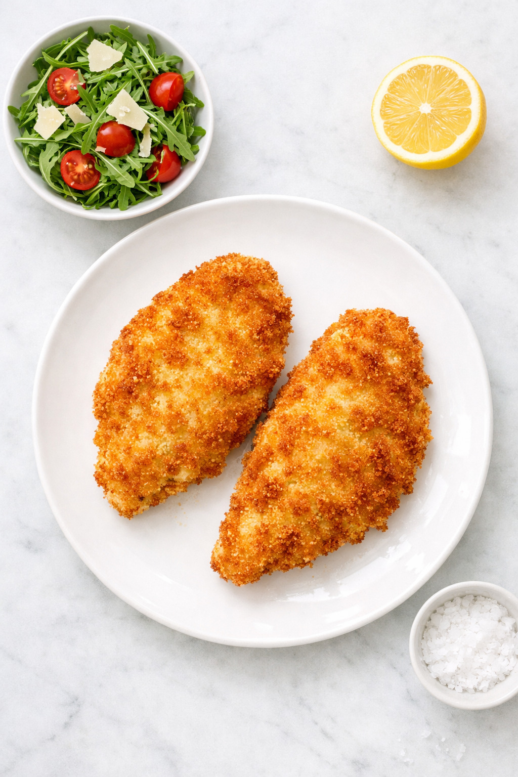 Overhead view of crispy breaded chicken Milanese cutlets with arugula salad and lemon on white marble