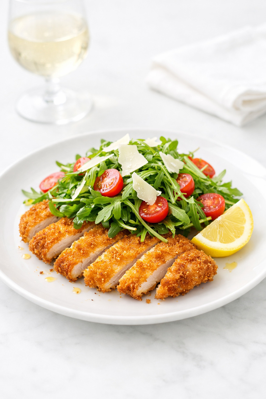 Chicken Milanese served with arugula cherry tomato salad and shaved Parmesan on white plate