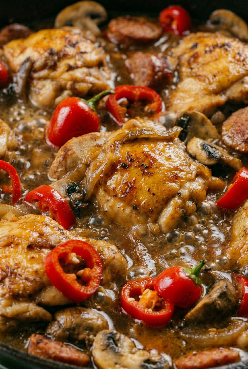 Close-up of Chicken Murphy showing golden seared chicken Italian sausage and hot cherry peppers in wine sauce