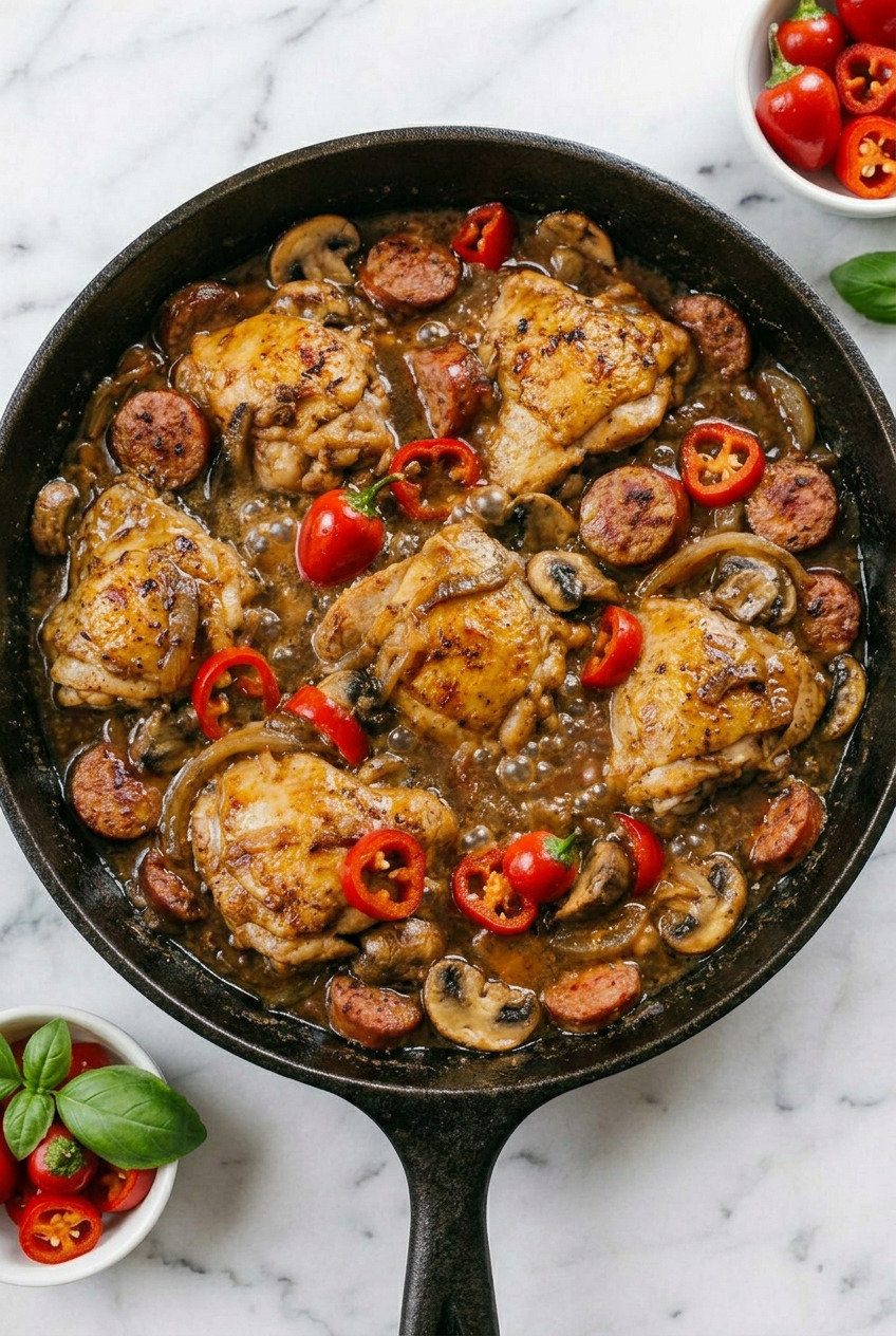 Overhead view of Chicken Murphy with chicken sausage peppers mushrooms and potatoes in a white serving dish