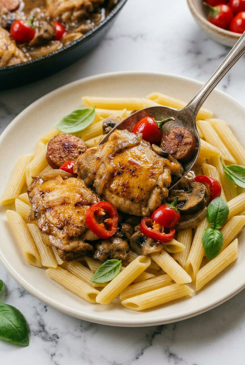 A plated serving of Chicken Murphy with chicken sausage peppers and potatoes with crusty bread on the side