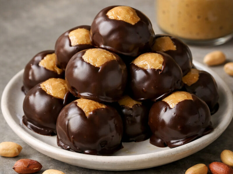 Chocolate covered peanut butter balls piled on a white plate