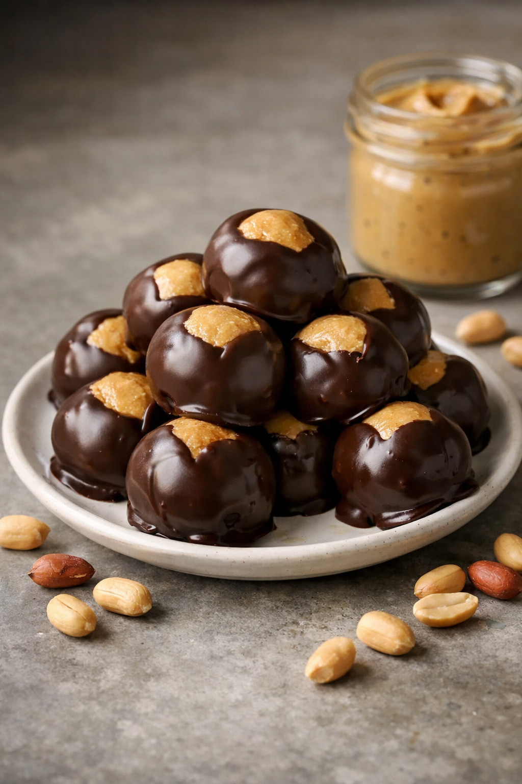 Chocolate covered peanut butter balls piled on a white plate