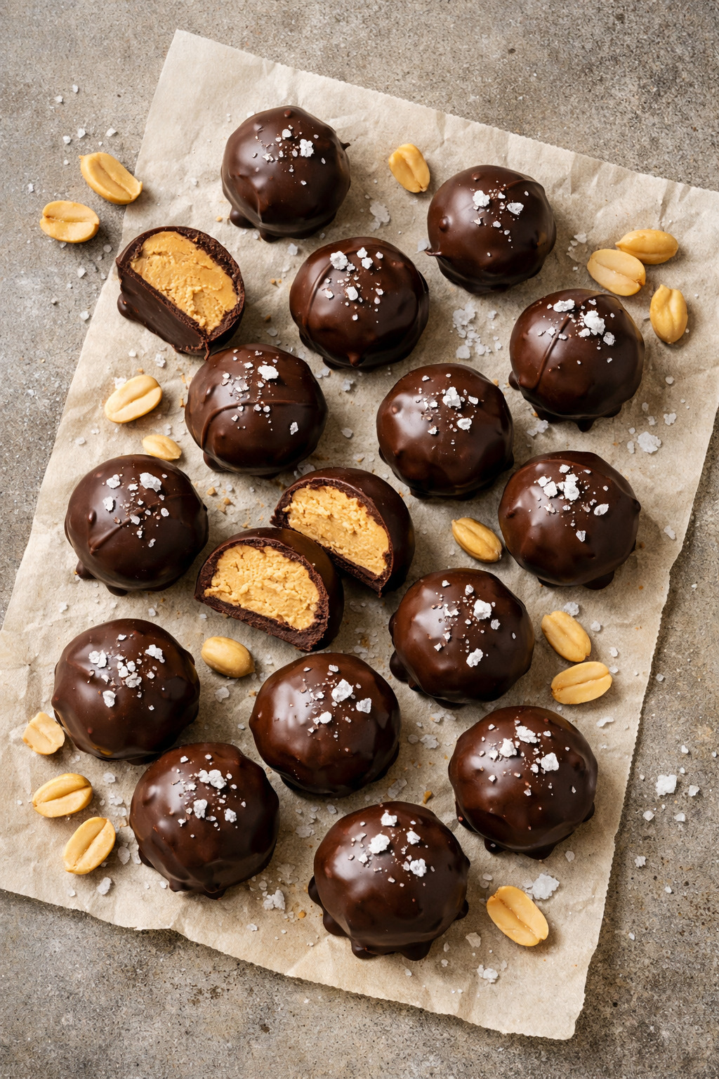 Overhead view of chocolate peanut butter balls on parchment paper