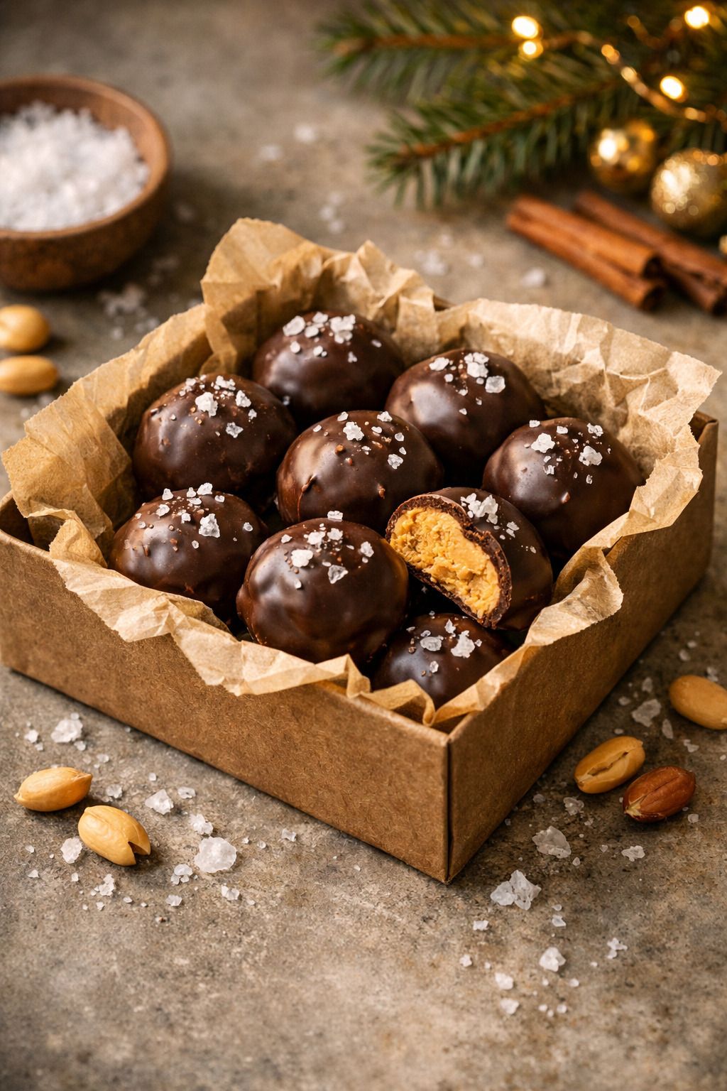 Chocolate peanut butter balls in a gift box