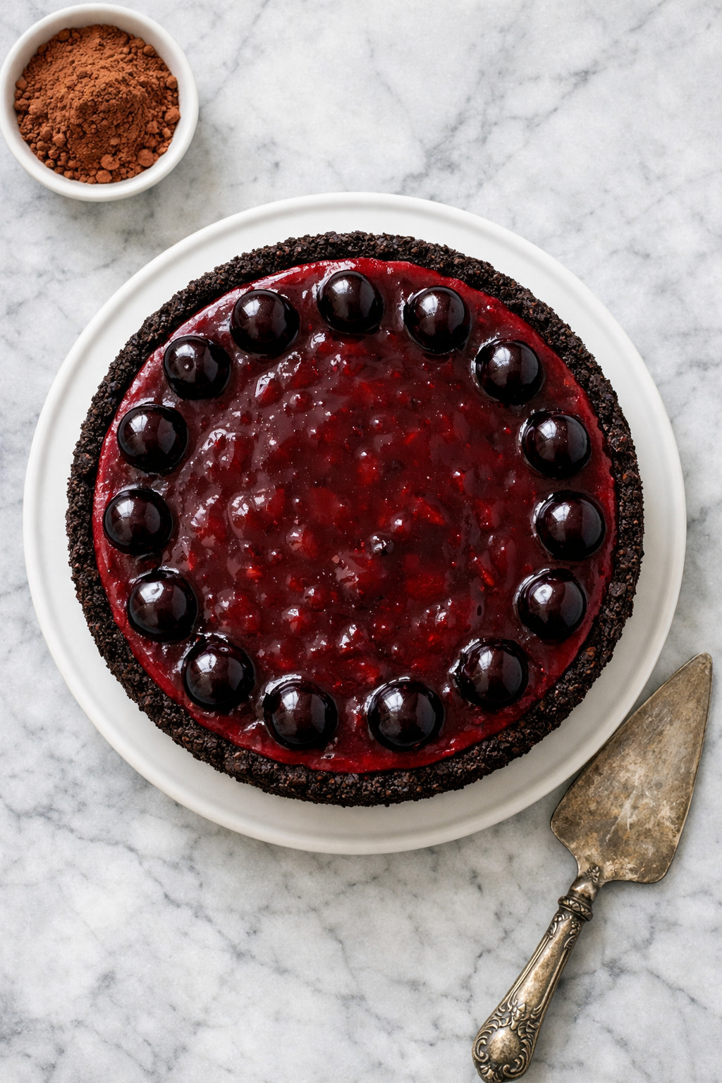 Overhead view of chocolate cherry cheesecake with cherry topping and ganache