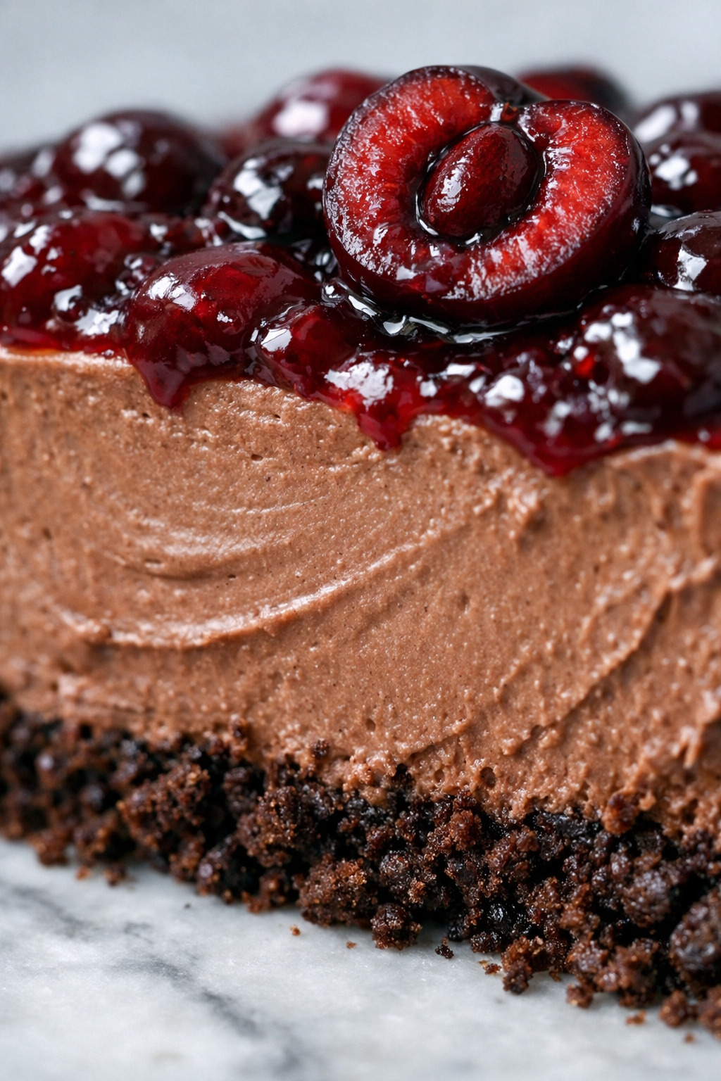 Close-up of chocolate cherry cheesecake texture with cherry topping
