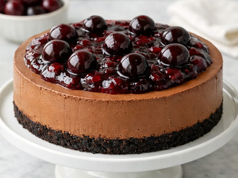 Chocolate cherry cheesecake on a white cake stand with cherry compote and whole cherries on top