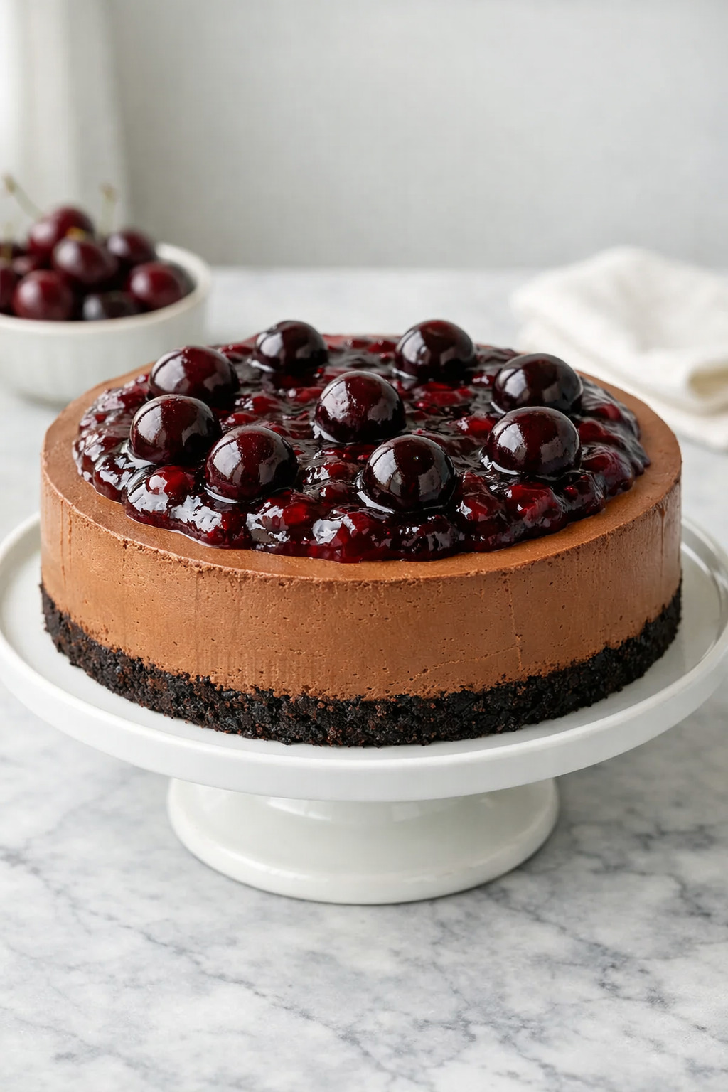 Chocolate cherry cheesecake with dark chocolate ganache and cherry compote on a cake stand