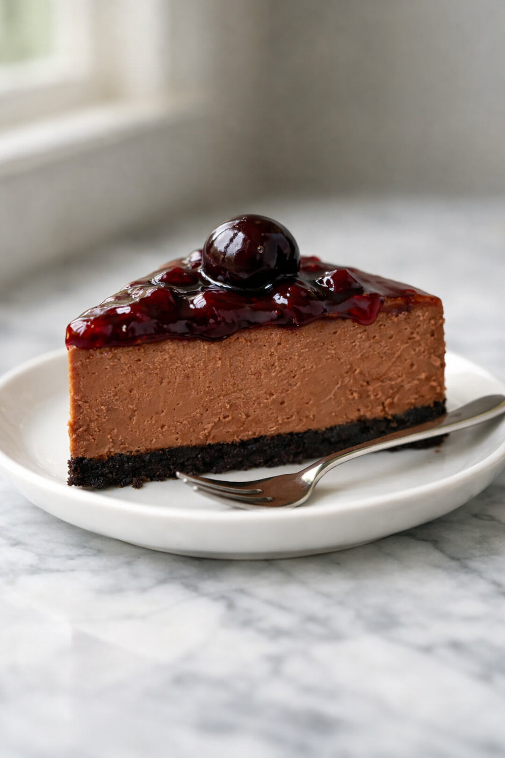 A slice of chocolate cherry cheesecake showing layers of chocolate filling and cherry compote