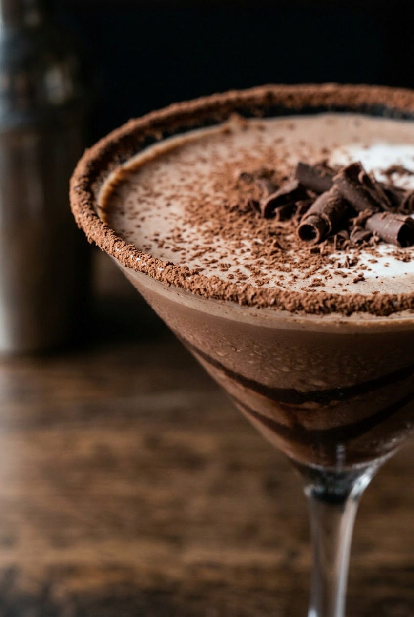 Close-up of chocolate martini rim coated in cocoa powder with dark chocolate curl garnish
