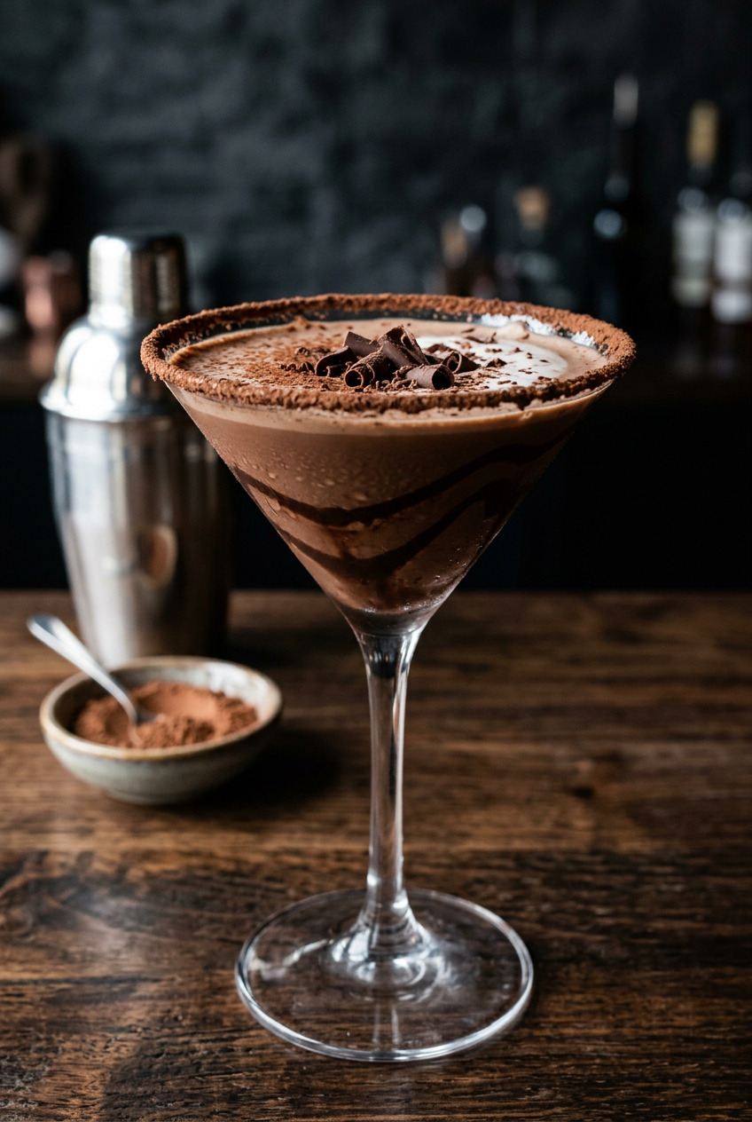 Chocolate martini in a clear stemmed martini glass with cocoa-dusted rim and orange peel garnish
